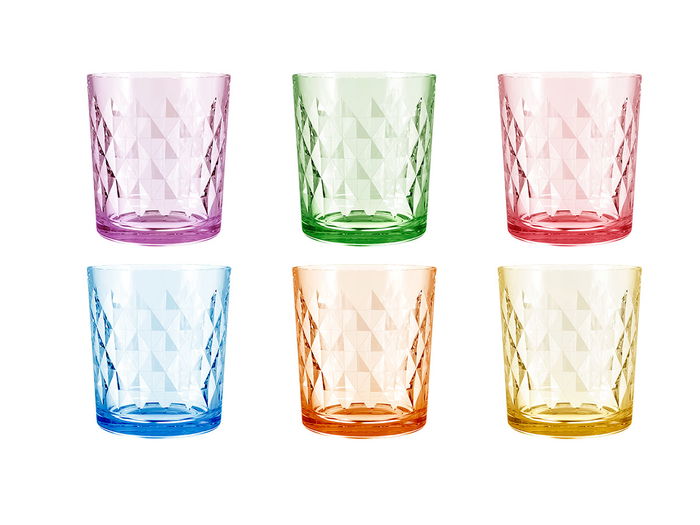 Vivalto Vaso de Vidrio con Corte Diamante, 360 ml, Surtido de 6 Colores (Amarillo, Azul, Naranja, Morado, Rosa, Verde) - Pintado por Fuera (Set de 162)