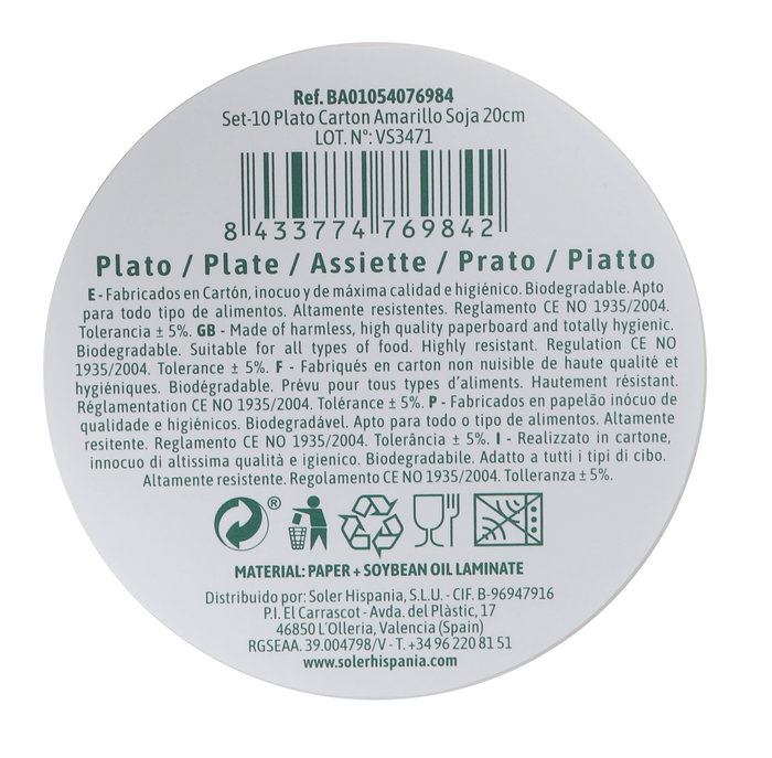 Algon Set 10 Plato Carton Amarillo 21 cm (24 Unidades)