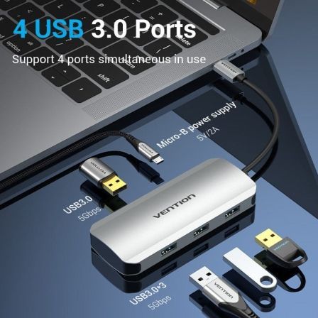 Vention TNAHB Hub USB-C a 4xUSB 3.0 con Carga PD Gris Vention TNAHB Hub USB-C a 4xUSB 3.0 con Carga PD Gris