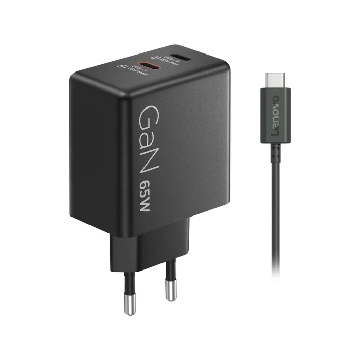 Lenovo Dual USB-C 65W GaN Charger Negro con cable de 1,5 m