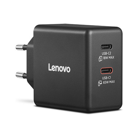Lenovo G0A6065BEU Cargador GaN 65W Dual USB-C Negro con Cable 1.5m, Certificado Universal
