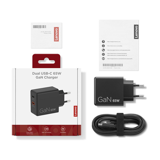 Lenovo G0A6065BEU Cargador GaN 65W Dual USB-C Negro con Cable 1.5m, Certificado Universal