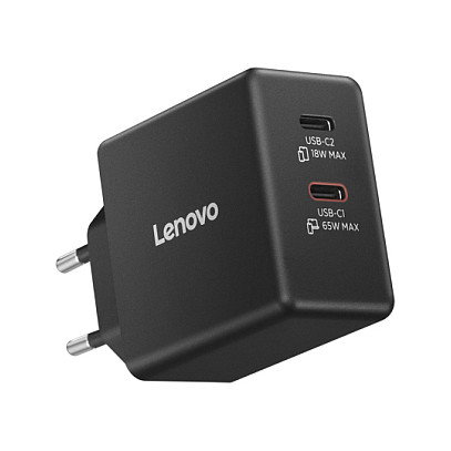 Lenovo G0A6065BEU Cargador GaN 65W Dual USB-C Negro con Cable 1.5m, Certificado Universal