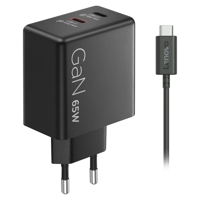 Lenovo G0A6065BEU Cargador GaN 65W Dual USB-C Negro con Cable 1.5m, Certificado Universal