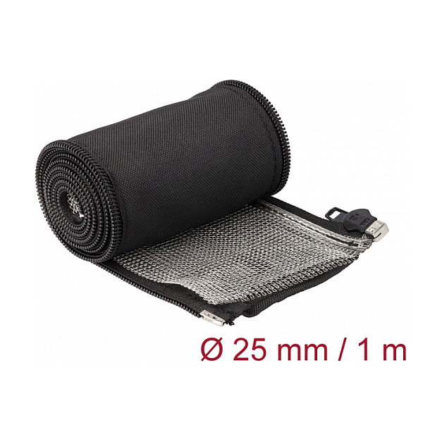 DeLOCK - Funda Trenzada de Protección EMI con Cremallera, Resistente al Calor, 25 mm x 1 m, Negro, Cobre/Poliéster
