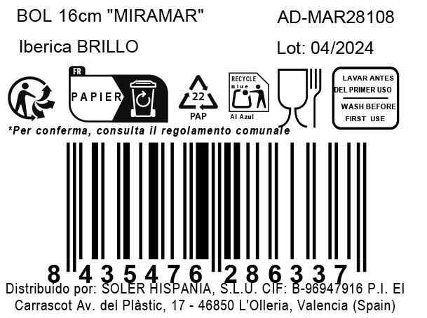 Miramar Iberica Bol 16 cm Mira Mar Brillo - Bol de Cerámica 16x6 cm 343 g (24 Unidades)