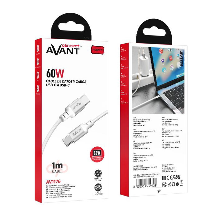 AVANT CONNECT Cable de Carga Rápida PD 60W, 1 Metro, USB A a USB C, Trenzado, para Móviles y Tablets