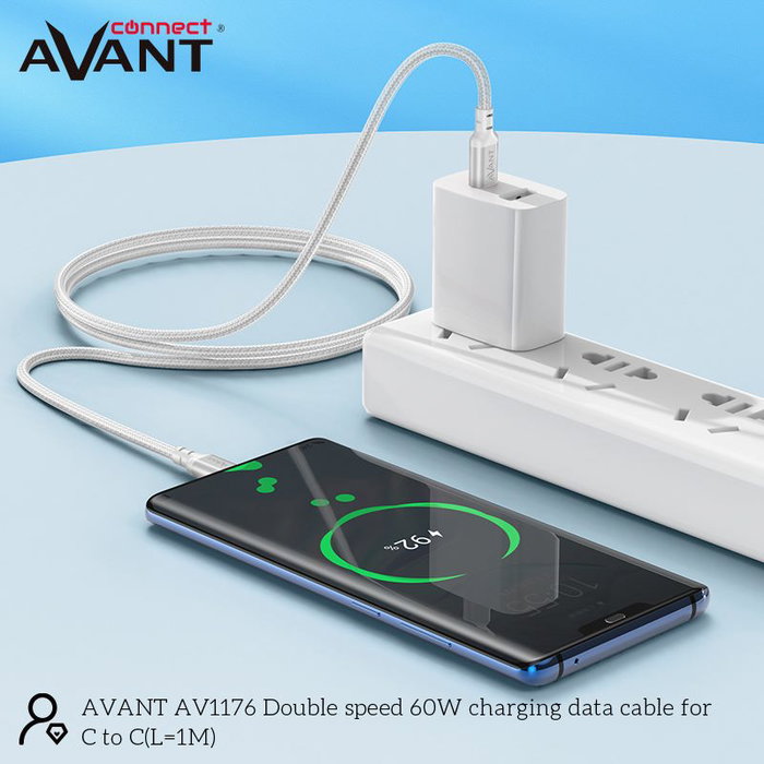 AVANT CONNECT Cable de Carga Rápida PD 60W, 1 Metro, USB A a USB C, Trenzado, para Móviles y Tablets