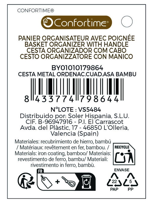 Confortime Cesta Metal Ordenación Cuadrada con Asa de Bambú Confortime Cesta Metal Ordenación Cuadrada con Asa de Bambú