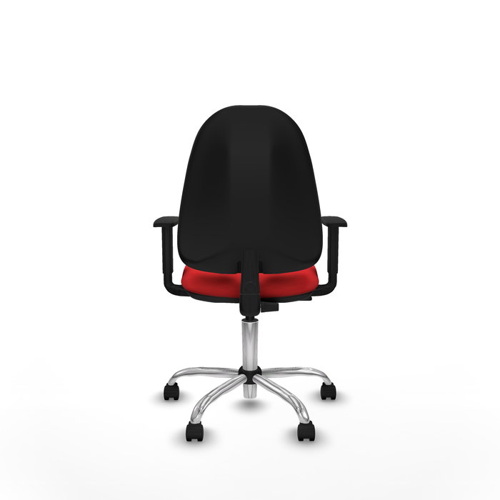 Silla de oficina Algarra con mecanismo Contacto permanente básico tapizada con Similpiel color Rojo. Equipada con Base cromada, Brazos 1D y Ruedas de nailon 50 mm
