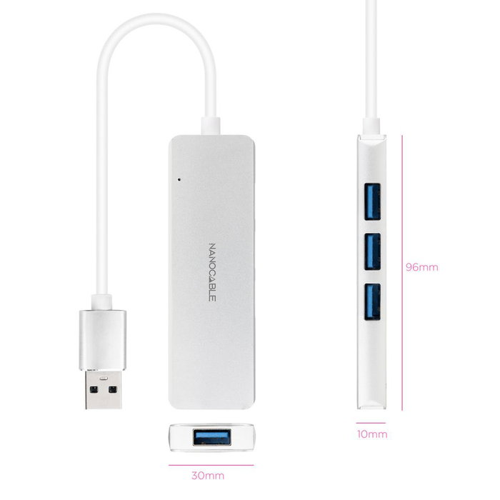 Nanocable Hub USB-A 3.0 a 4xUSB 3.0 (Plata, 18 cm) 10.16.4602