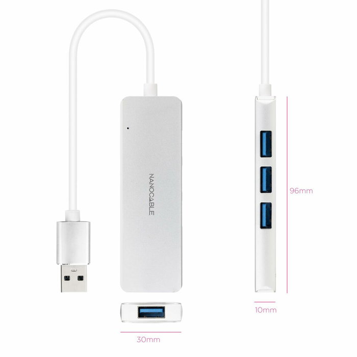 Nanocable Hub USB 3.0 a 4xUSB-A Plata Aluminio 18cm