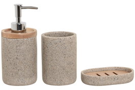 DKD Home Decor Set de 3 Accesorios de Baño en Resina y Madera, Gris