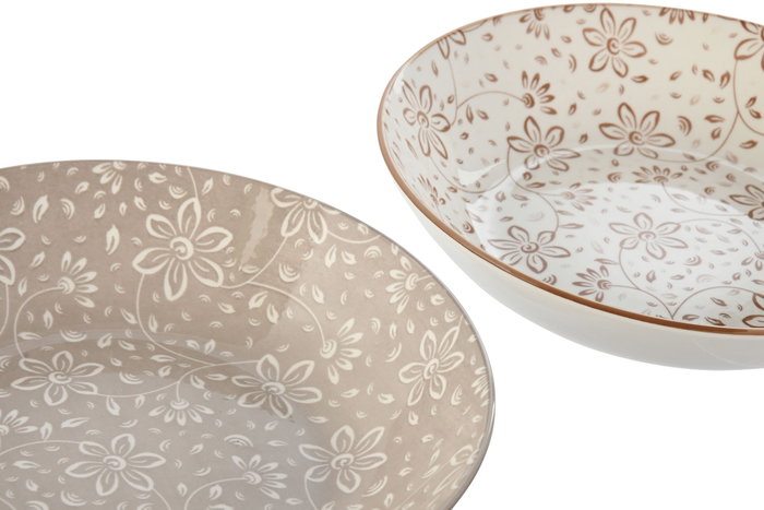 DKD Home Decor Set de 4 Platos de Porcelana Flores Beige y Marrón