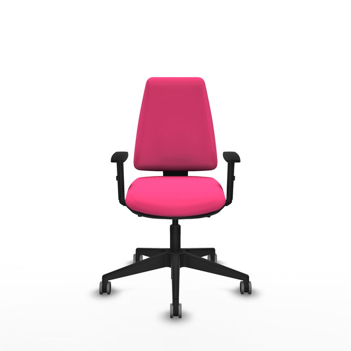 Silla de oficina Elche con mecanismo Asincro tapizada con Similpiel color Rosa. Equipada con Base piramidal negra, Brazos 1D y Ruedas 65 mm parqué