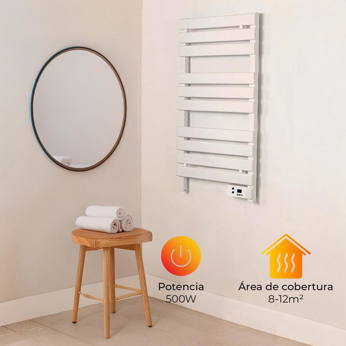 Yoevu - Radiador Toallero Eléctrico Bajo 500W, Sistema de Gestión Térmica, LED TEMP CONTROL, IP34, Secado y Calefacción, Blanco/Negro