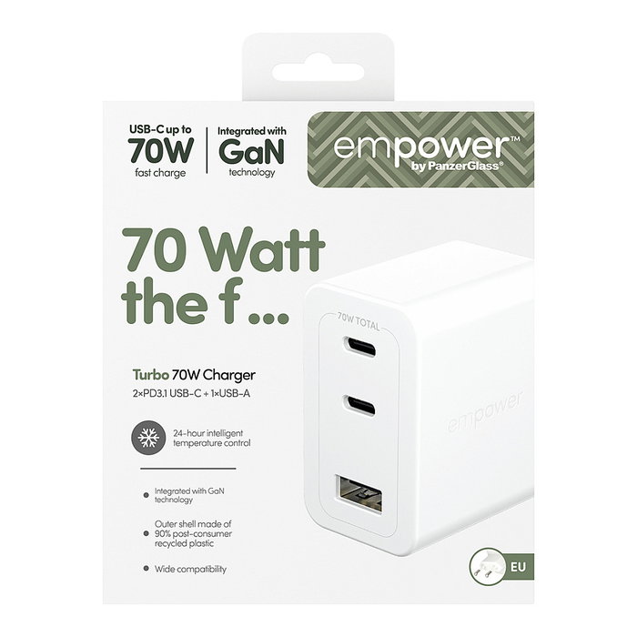 PanzerGlass Cargador Turbo GaN 70W, 2 Puertos USB-C + 1 USB-A, Carga Rápida Multi-Dispositivo, Blanco, Enchufe UE