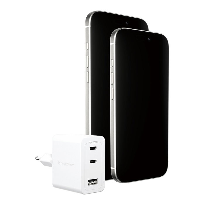 PanzerGlass Cargador Turbo GaN 70W, 2 Puertos USB-C + 1 USB-A, Carga Rápida Multi-Dispositivo, Blanco, Enchufe UE