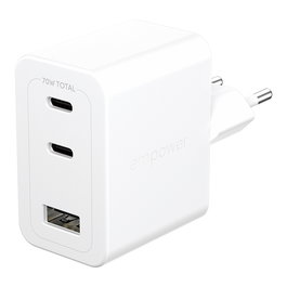 PanzerGlass Cargador Turbo GaN 70W, 2 Puertos USB-C + 1 USB-A, Carga Rápida Multi-Dispositivo, Blanco, Enchufe UE