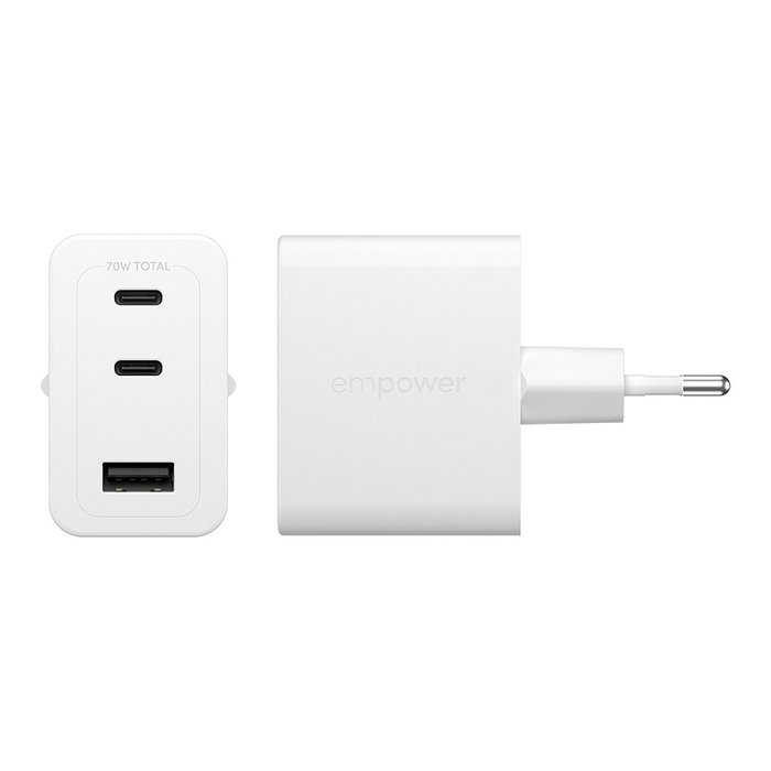 PanzerGlass Cargador Turbo GaN 70W, 2 Puertos USB-C + 1 USB-A, Carga Rápida Multi-Dispositivo, Blanco, Enchufe UE