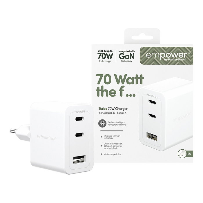 PanzerGlass Cargador Turbo GaN 70W, 2 Puertos USB-C + 1 USB-A, Carga Rápida Multi-Dispositivo, Blanco, Enchufe UE