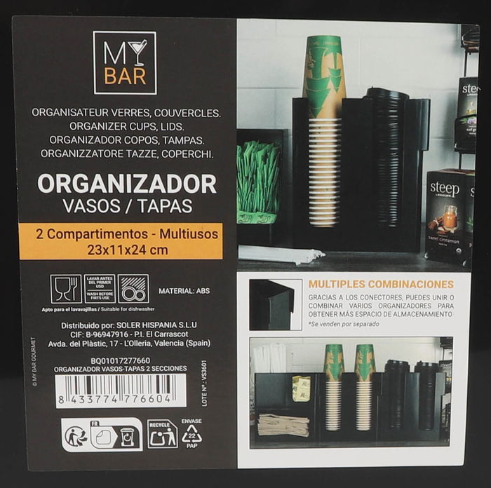 My Bar Organizador Vasos-Tapas 2 Secciones 11 cm x 23 cm x 24 cm (6 Unidades)