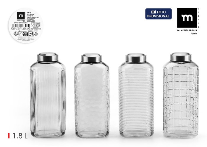 Inde Botella de Vidrio Transparente 1.8 L con Tapa de Acero 11.6x9.3x28 cm (8 Unidades) Inde Botella de Vidrio Transparente 1.8 L con Tapa de Acero 11.6x9.3x28 cm (8 Unidades)