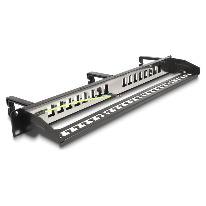 Delock Panel de Conexión Keystone de 19 Pulgadas, 16 Puertos, 1U, Montaje en Rack, Negro, con 3 Ganchos y Entalladura de Alivio, Metal y Plástico