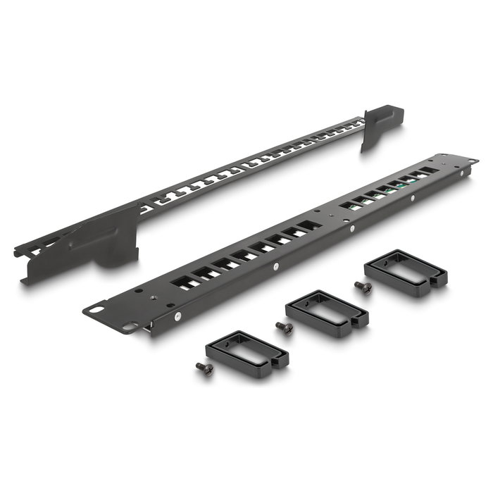 Delock Panel de Conexión Keystone de 19 Pulgadas, 16 Puertos, 1U, Montaje en Rack, Negro, con 3 Ganchos y Entalladura de Alivio, Metal y Plástico