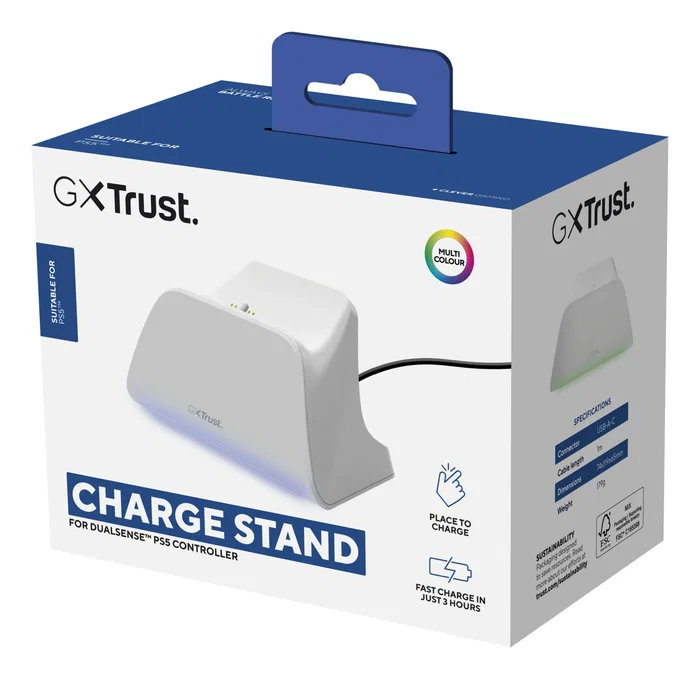 Trust Base de Carga Rápida GXT 255W para PS5 DualSense, Soporte de Recarga con LED Blanco, Cable USB-C Incluido