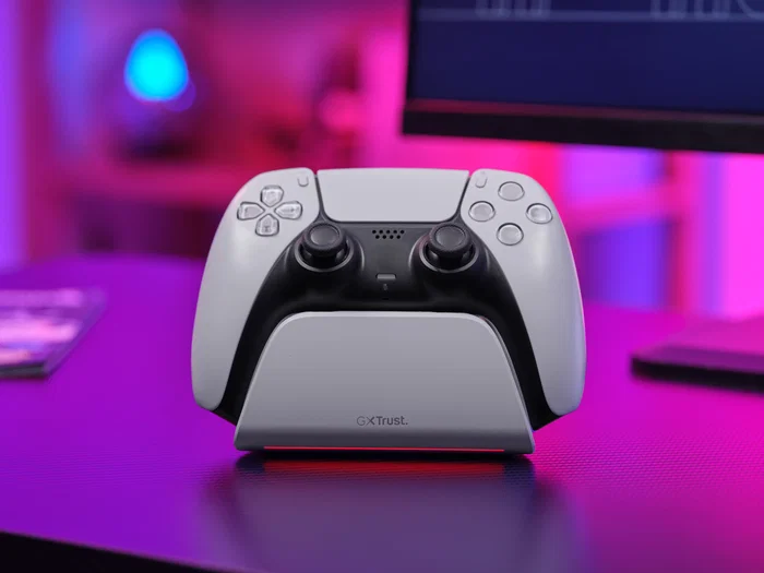 Trust Base de Carga Rápida GXT 255W para PS5 DualSense, Soporte de Recarga con LED Blanco, Cable USB-C Incluido