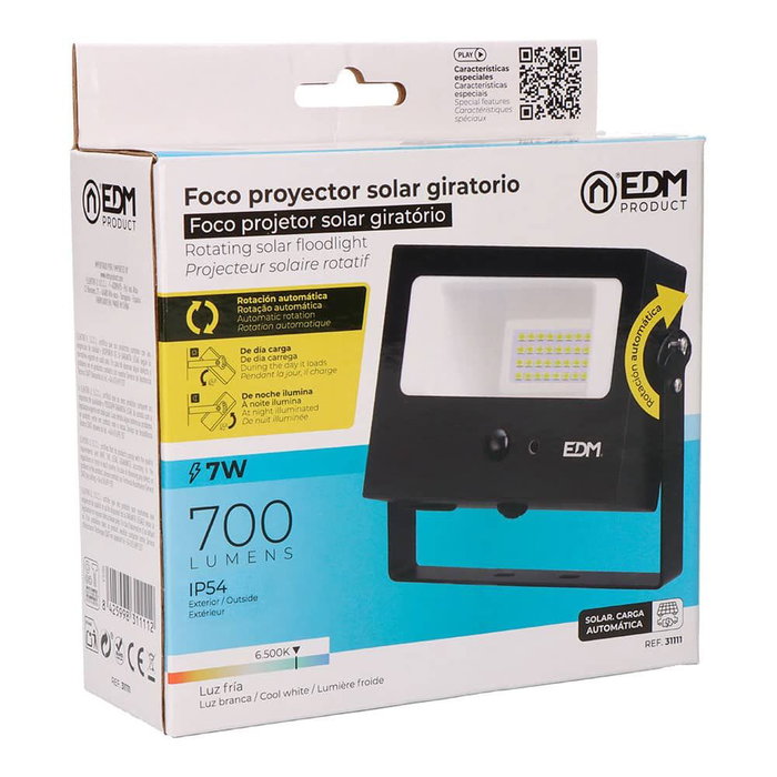 EDM Foco Proyector Solar Basculante 7W, 700LM, 6500K Luz Fría, con Sensor de Movimiento y Crepuscular, Autonomía 6-8h, IP54, Negro