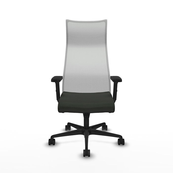 Sillón Albacete con mecanismo Sincro tapizada con Tela color Negro y malla color Blanco. Equipado con Base nailon negra, Brazos 2D y Ruedas 65mm nailon