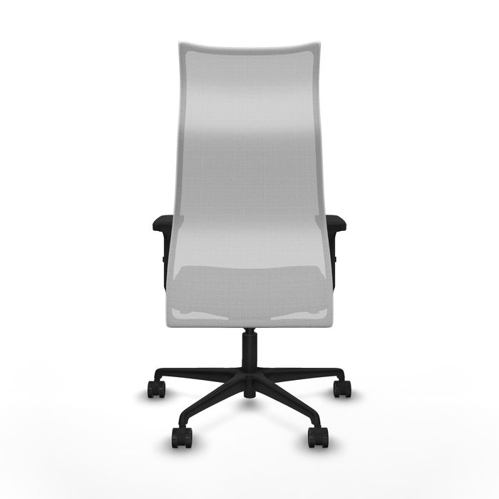 Sillón Albacete con mecanismo Sincro tapizada con Tela color Negro y malla color Blanco. Equipado con Base nailon negra, Brazos 2D y Ruedas 65mm nailon