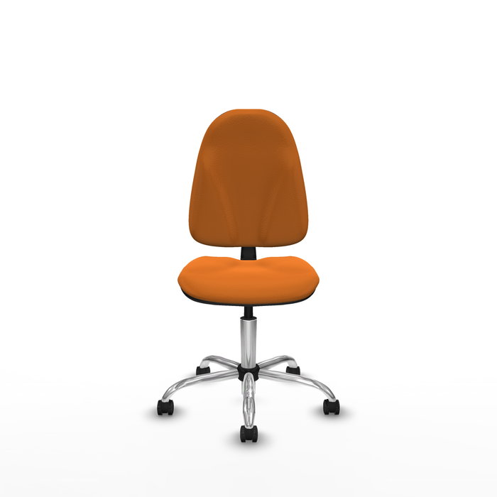 Silla de oficina Algarra con mecanismo Contacto permanente básico tapizada con Similpiel color Naranja. Equipada con Base cromada, Sin brazos y Ruedas de parqué