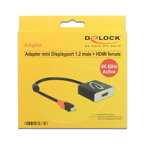 DeLOCK Adapterkabel 62735 Mini DisplayPort 1.2 (Macho) a HDMI 2.0 (Hembra) Activo 4K 60Hz, 0.2 m, Negro