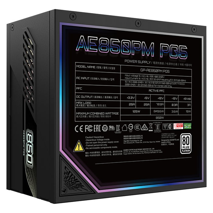 Gigabyte AE850PM PG5 Fuente de Alimentación 850W 80+ Platinum Modular ATX 3.0 PCIe 5.0