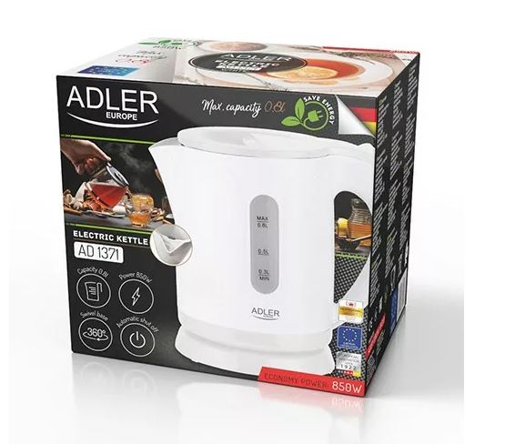 ADLER Hervidor de Agua Eléctrico 0.8L 850W, Blanco, Para Cocina