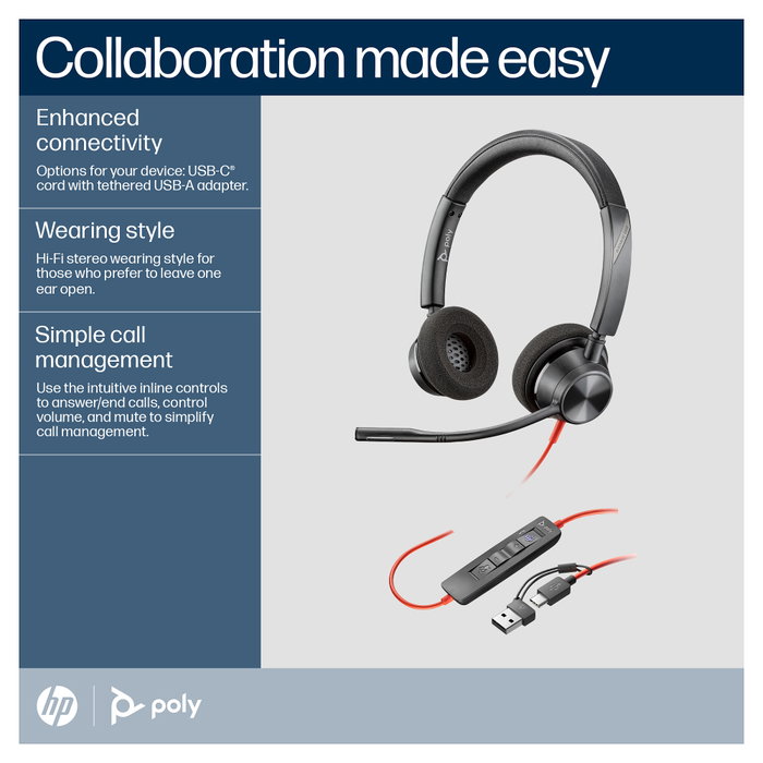 Poly Blackwire 3320 Certificados para Microsoft Teams USB-C con adaptador USB-A/C Negro Poly Blackwire 3320 Certificados para Microsoft Teams USB-C con adaptador USB-A/C Negro