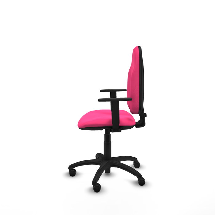 Silla de oficina Algarra con mecanismo Contacto permanente básico tapizada con Similpiel color Rosa. Equipada con Base poliamida negra, Brazos 1D y Ruedas autofrenantes
