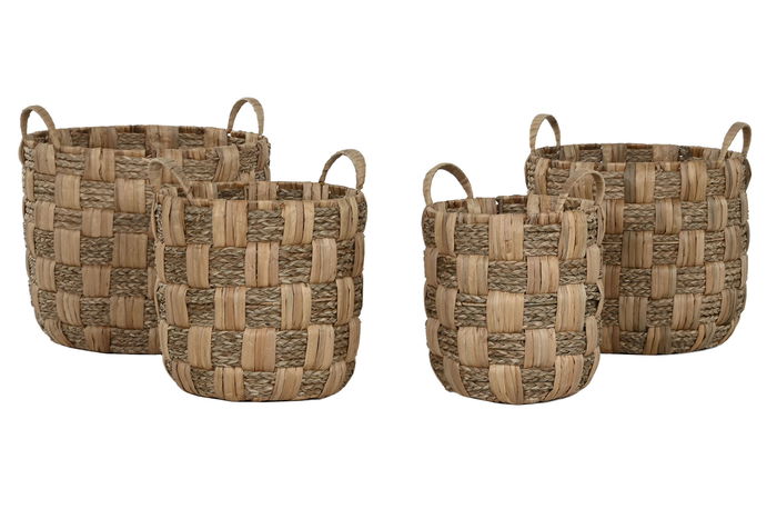 DKD Home Decor Cesta Balines Set de 4 Jacintos de Agua y Metal Natural 44 x 44 x 48 cm