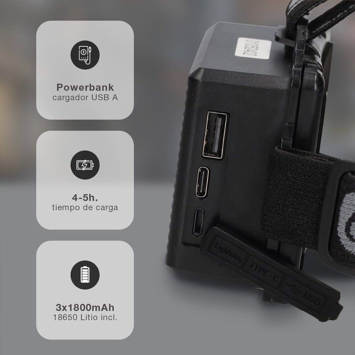 GSC Evolution Linterna LED de cabeza con zoom recargable USB 60W + 1,2W