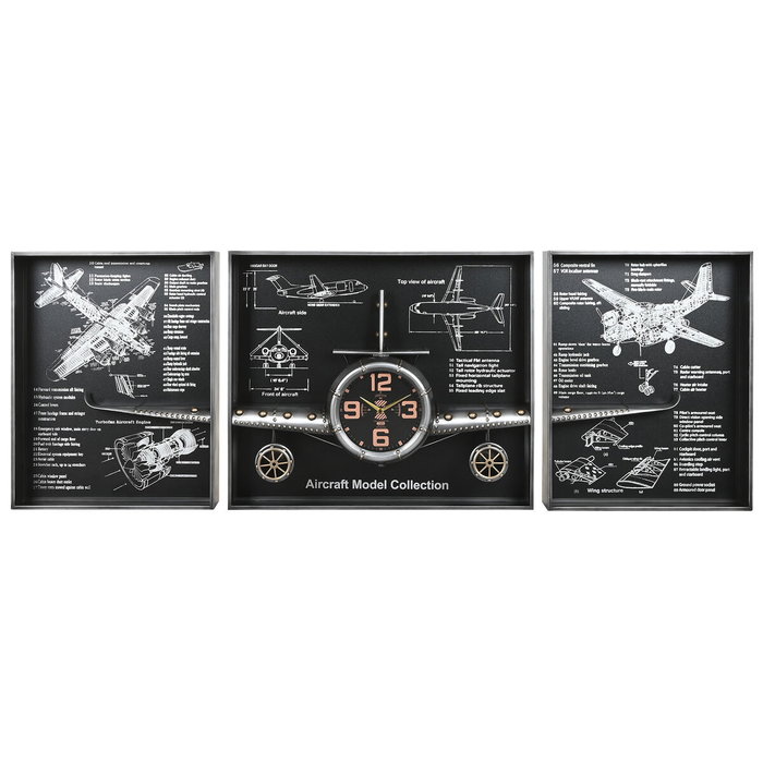 DKD Home Decor Set de 3 Relojes de Pared de Metal Diseño Avión Plateado