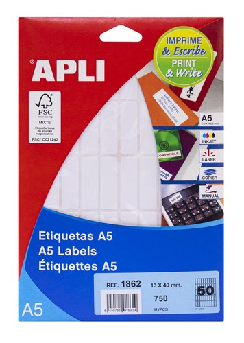 Apli Etiquetas Adhesivas 13x40mm Cantos Romos A5 Blanco Apli Etiquetas Adhesivas 13x40mm Cantos Romos A5 Blanco
