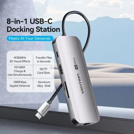 Vention Docking Station USB-C TQKHB, 1xHDMI 4K, 3xUSB, 1xUSB-C PD, 1xRJ45, Lector de tarjetas, Gris