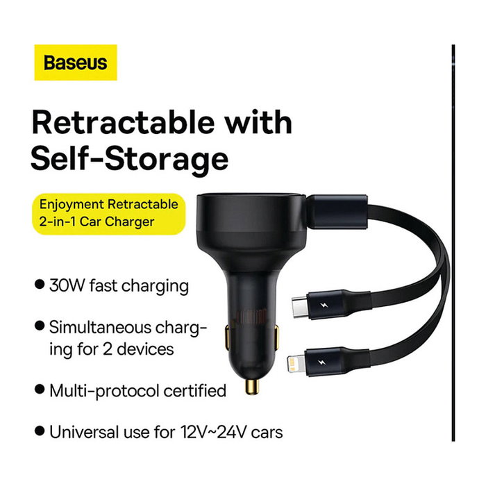 Baseus Enjoyment Pro Cargador de Coche 60W con Cable USB-C Retráctil Negro Baseus Enjoyment Pro Cargador de Coche 60W con Cable USB-C Retráctil Negro