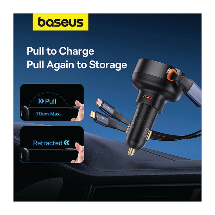 Baseus Enjoyment Pro Cargador de Coche 60W con Cable USB-C Retráctil Negro Baseus Enjoyment Pro Cargador de Coche 60W con Cable USB-C Retráctil Negro