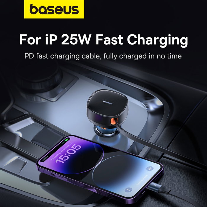 Baseus Enjoyment Pro Cargador de Coche 60W con Cable USB-C Retráctil Negro Baseus Enjoyment Pro Cargador de Coche 60W con Cable USB-C Retráctil Negro