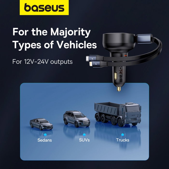 Baseus Enjoyment Pro Cargador de Coche 60W con Cable USB-C Retráctil Negro Baseus Enjoyment Pro Cargador de Coche 60W con Cable USB-C Retráctil Negro