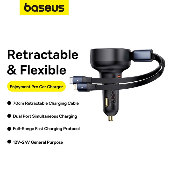 Baseus Enjoyment Pro Cargador de Coche 60W con Cable USB-C Retráctil Negro Baseus Enjoyment Pro Cargador de Coche 60W con Cable USB-C Retráctil Negro